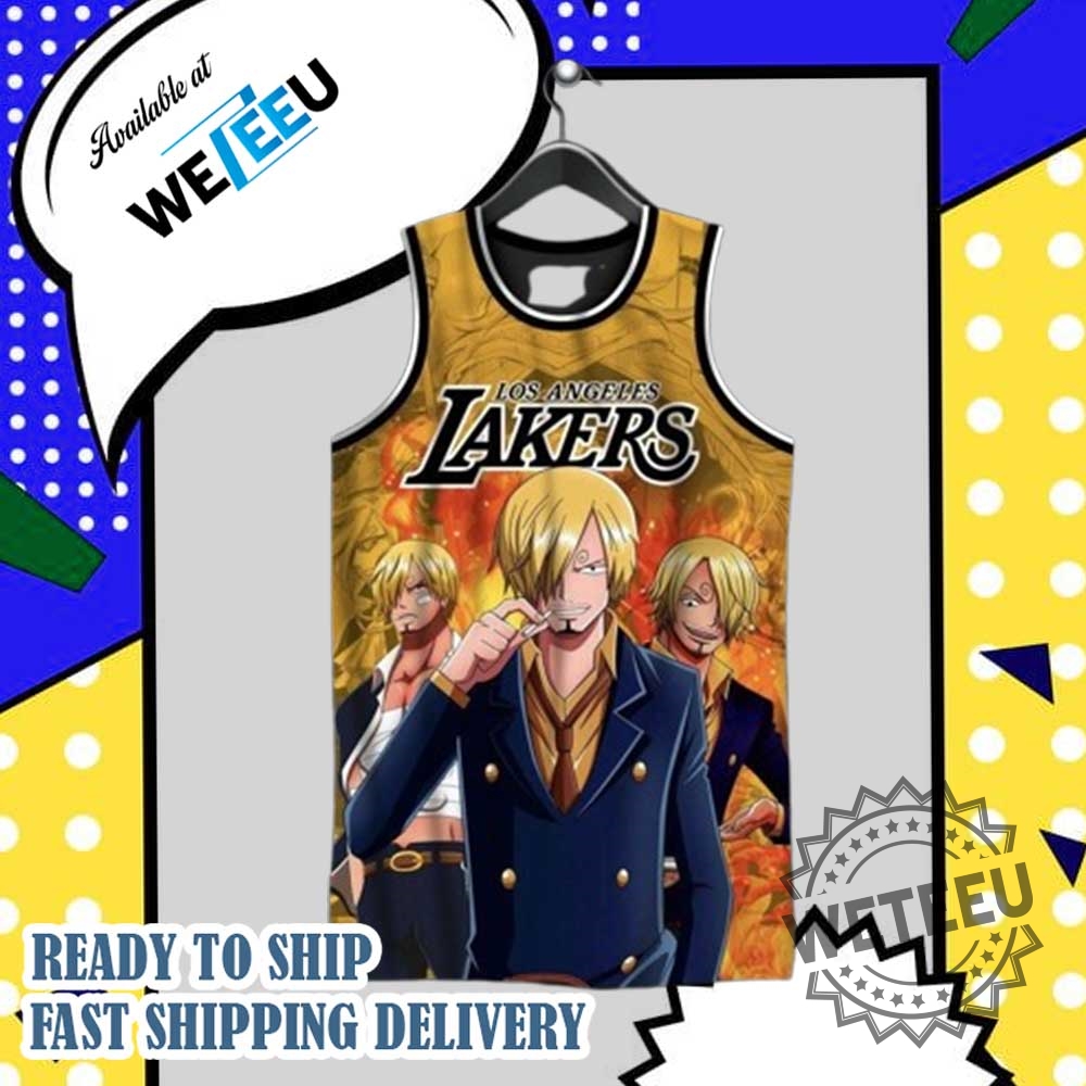 Los Angeles Lakers X Sanji One Piece Tshirt Lebron James 23 Anime Fan Jersey 4 Los Angeles Lakers x Sanji One Piece T-Shirt – LeBron James 23 Anime Fan Jersey