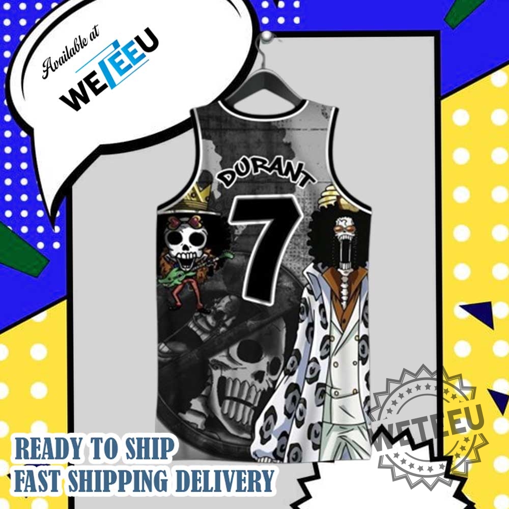Brooklyn Nets X Brook One Piece Tshirt Kevin Durant Anime Crossover Jersey 4 Brooklyn Nets x Brook One Piece T-Shirt – Kevin Durant Anime Crossover Jersey