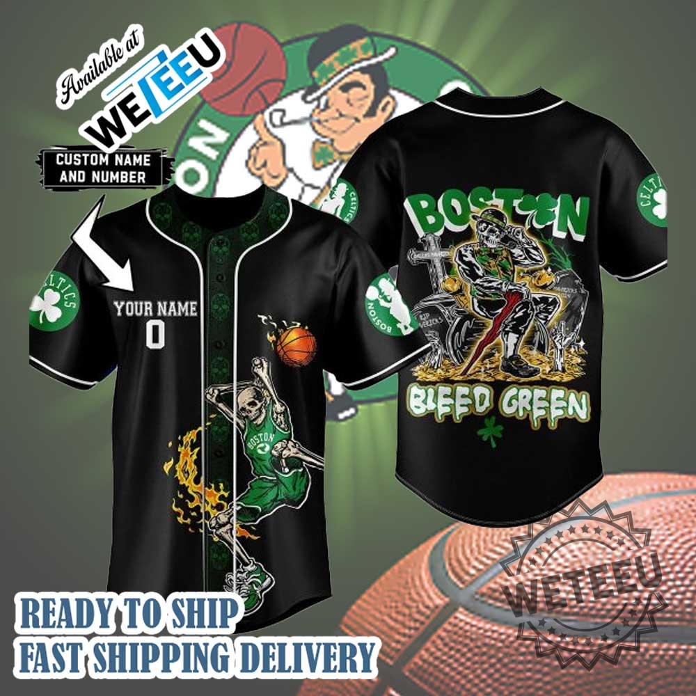 Boston Celtics Fan Skull Bleed Green Fan Personalized Baseball Jersey
