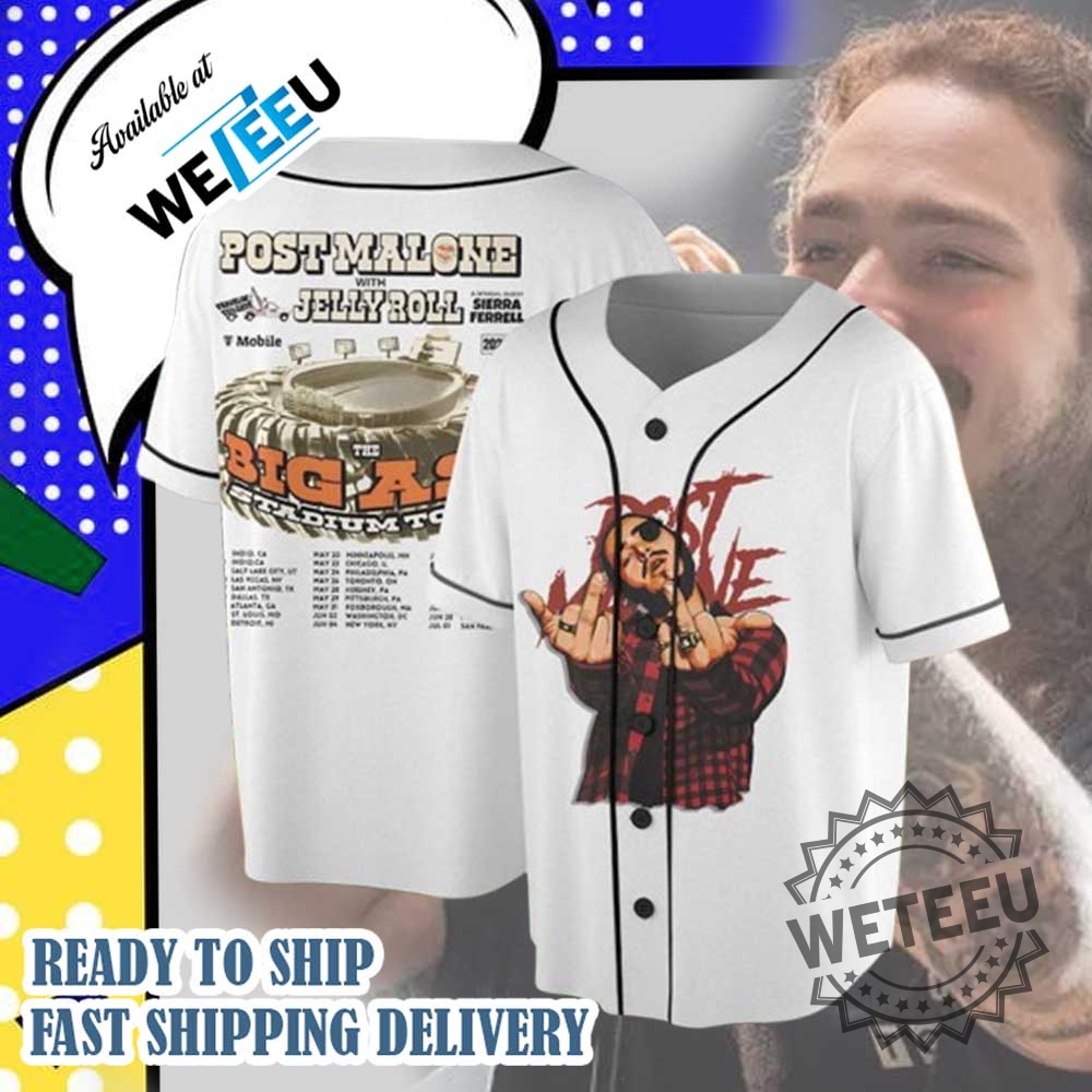 Post Malone Big Ass Stadium Tour 2025 Baseball Jersey White Custom Concert Shirt 3 Post Malone Big Ass Stadium Tour 2025 Baseball Jersey – White Custom Concert Shirt