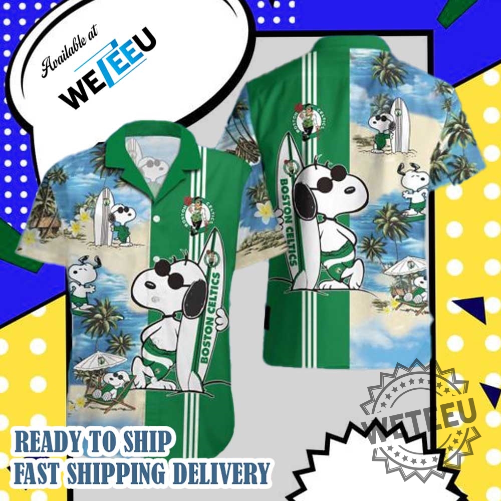 Boston Celtics X Snoopy Hawaiian Shirt Summer Beach Aloha Shirt With Surfboard And Palm Tree Design Peanuts Fan Gift 2025 3 Boston Celtics x Snoopy Hawaiian Shirt – Summer Beach Aloha Shirt With Surfboard and Palm Tree Design, Peanuts Fan Gift 2025