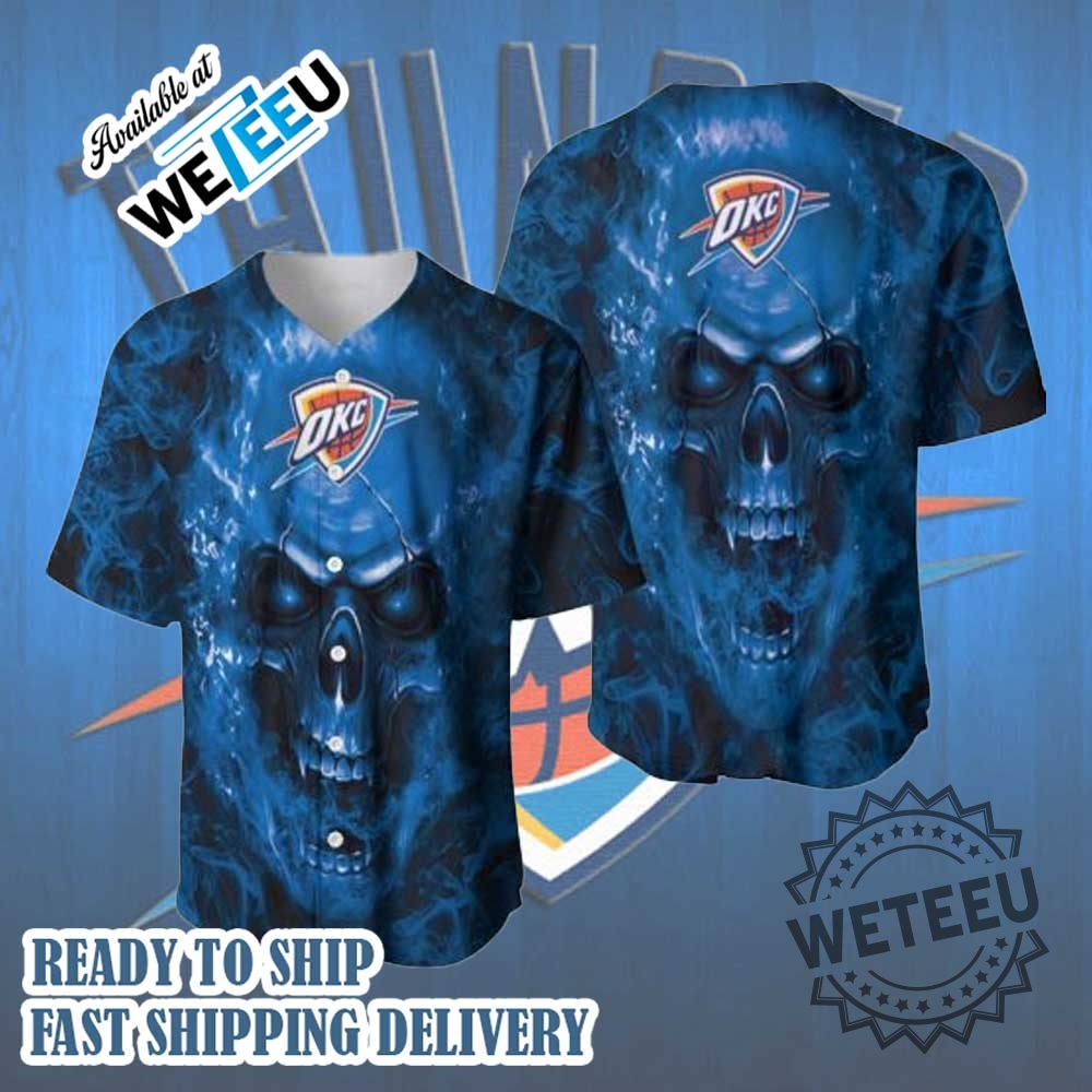 Nba Oklahoma City Thunder Black Blue Skull Baseball Jersey
