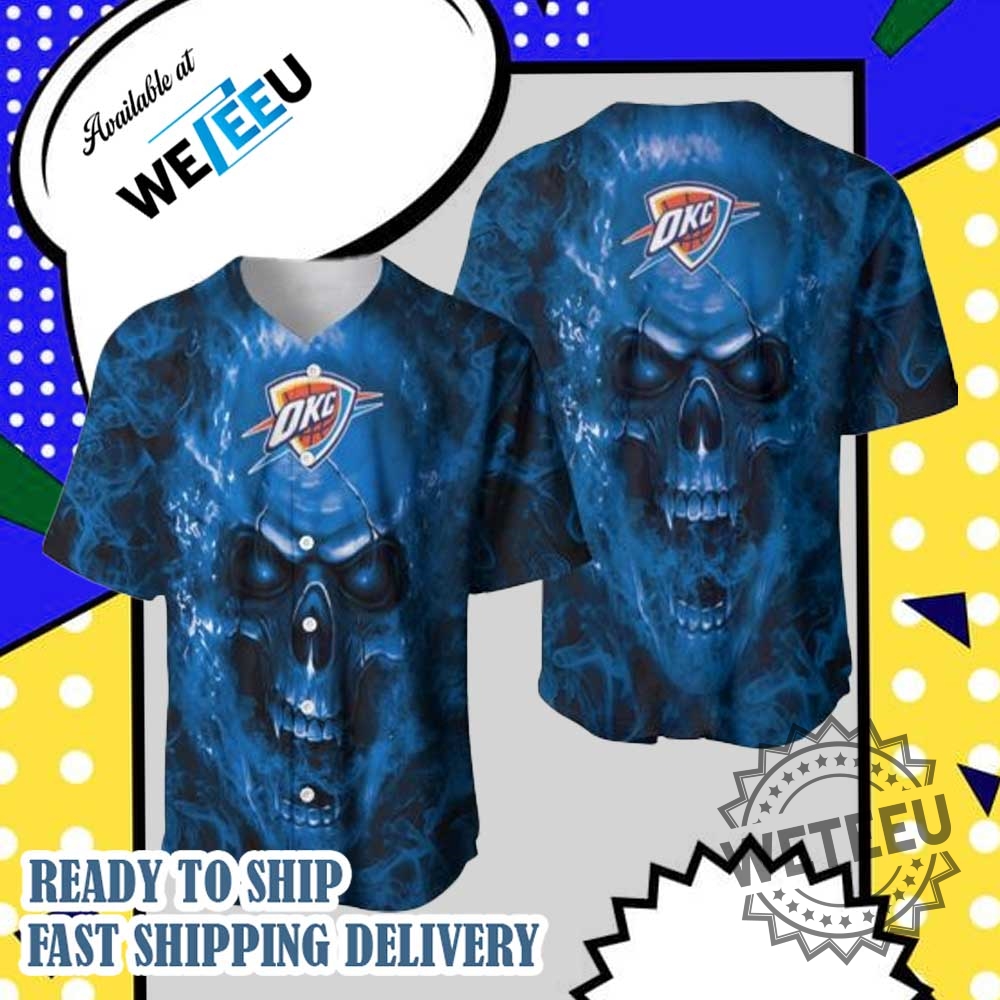 Nba Oklahoma City Thunder Black Blue Skull Baseball Jersey 3 NBA Oklahoma City Thunder Black Blue Skull Baseball Jersey