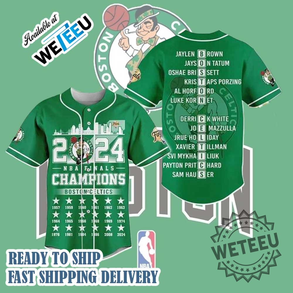 Nba Finals Champions Boston Celtics Jersey  Green Baseball Shirt With Player Roster And Championship History
