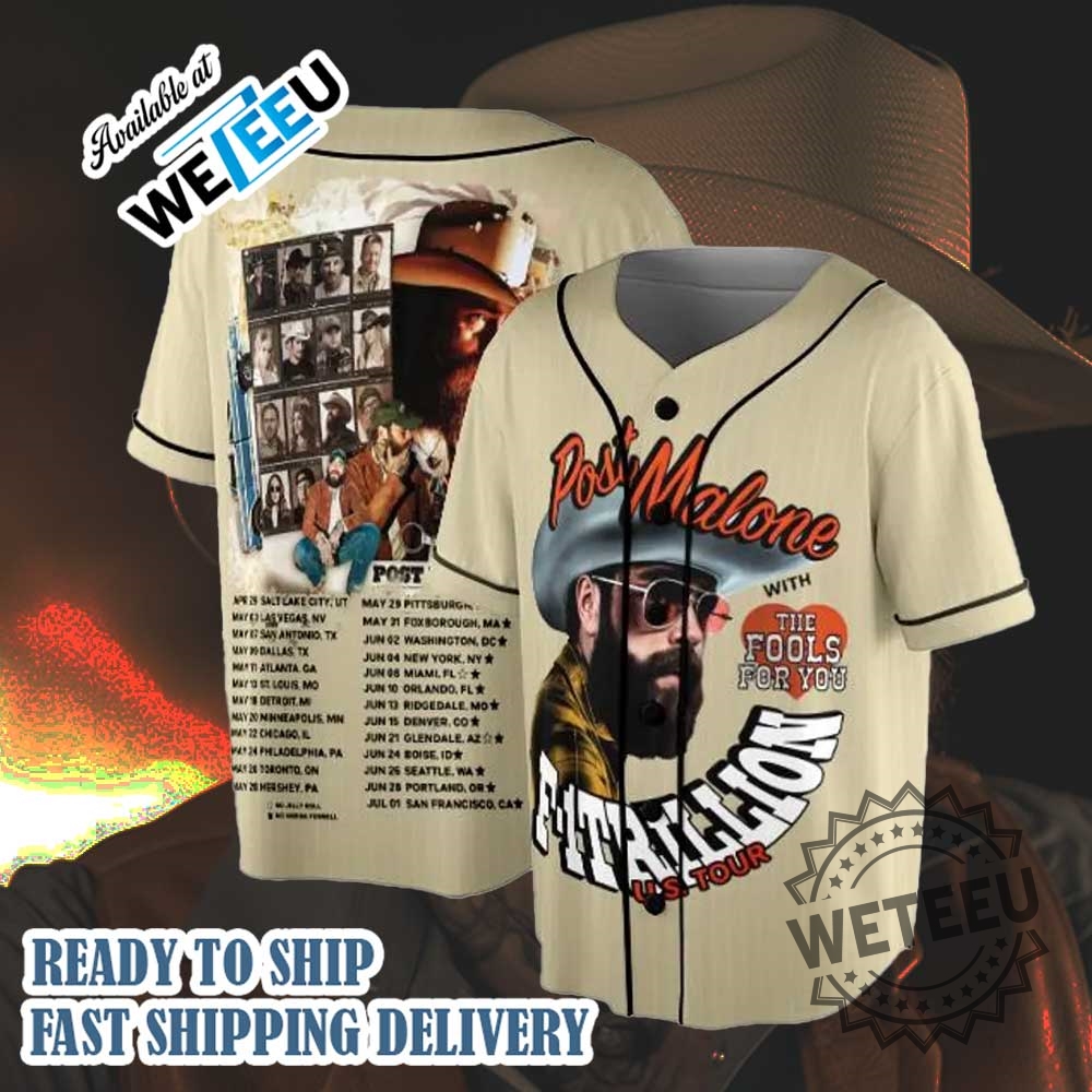 Post Malone F1 Trillion U.S. Tour 2024 Baseball Jersey The Fools For You Concert Shirt 6 Post Malone F-1 Trillion U.S. Tour 2024 Baseball Jersey – The Fools for You Concert Shirt