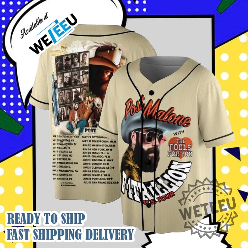 Post Malone F1 Trillion U.S. Tour 2024 Baseball Jersey The Fools For You Concert Shirt 7 Post Malone F-1 Trillion U.S. Tour 2024 Baseball Jersey – The Fools for You Concert Shirt