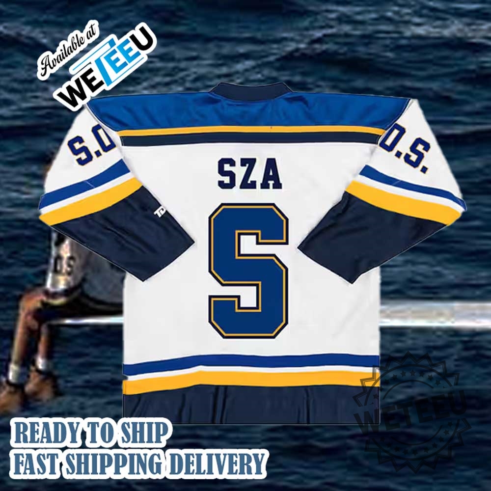 Sza Sos Hockey Jersey White And Navy Blue Rap Album 5 SZA SOS Hockey Jersey – White and Navy Blue Rap Album