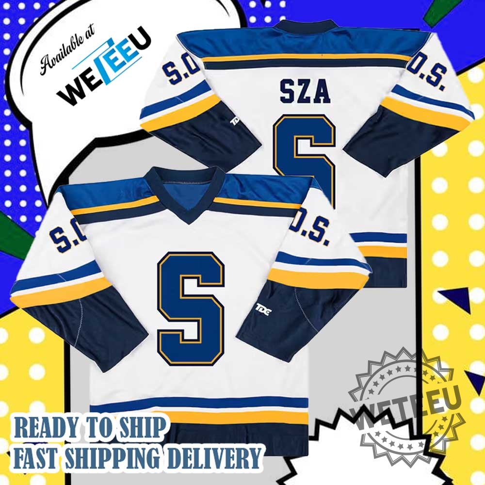 Sza Sos Hockey Jersey White And Navy Blue Rap Album 7 SZA SOS Hockey Jersey – White and Navy Blue Rap Album