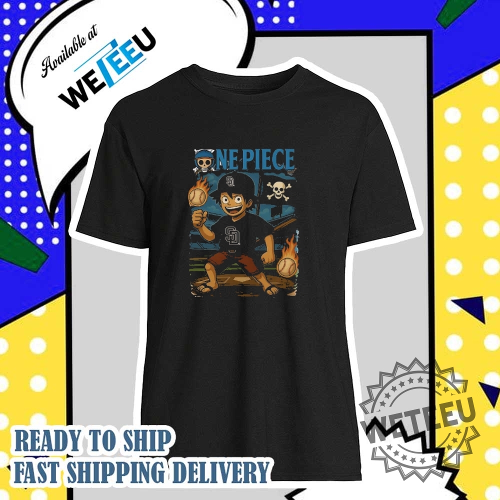 "Shop Iconic Retro TV and Comic Graphic Tees for Fans" 9 San Diego Padres X One Piece Luffy Tshirt Mlb Pirate Slugger Baseball Tee