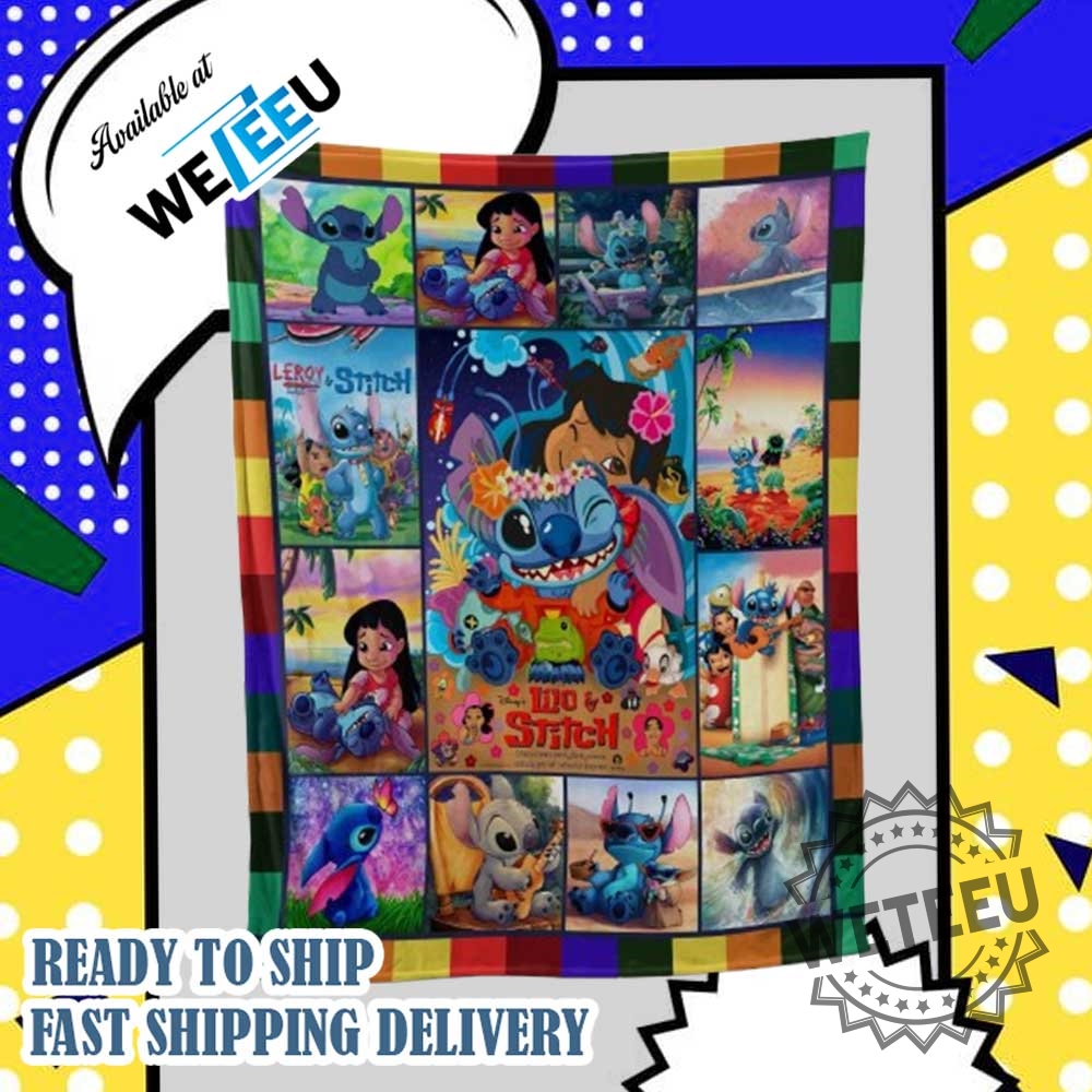 "Personalized Disney Stitch Blankets: Custom Throws for Fans and Couples" 8 Stitch And Lilo Collage Blanket Rainbow Border Cozy Throw