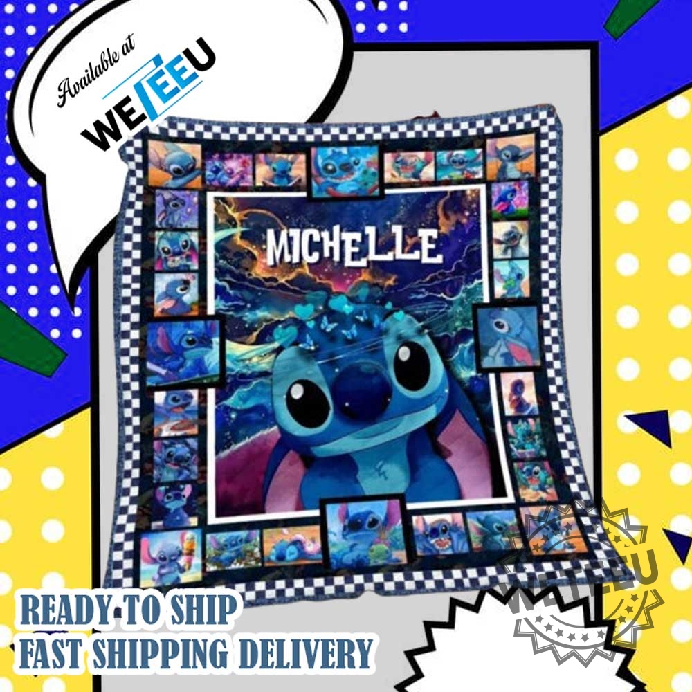 "Personalized Disney Stitch Blankets: Custom Throws for Fans and Couples" 12 Custom Name Stitch Quilt Blanket Vibrant Cartoon Throw With Checkerboard Border