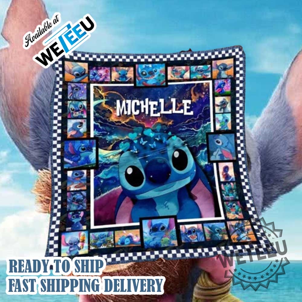 Custom Name Stitch Quilt Blanket Vibrant Cartoon Throw With Checkerboard Border 3 Custom Name Stitch Quilt Blanket – Vibrant Cartoon Throw with Checkerboard Border