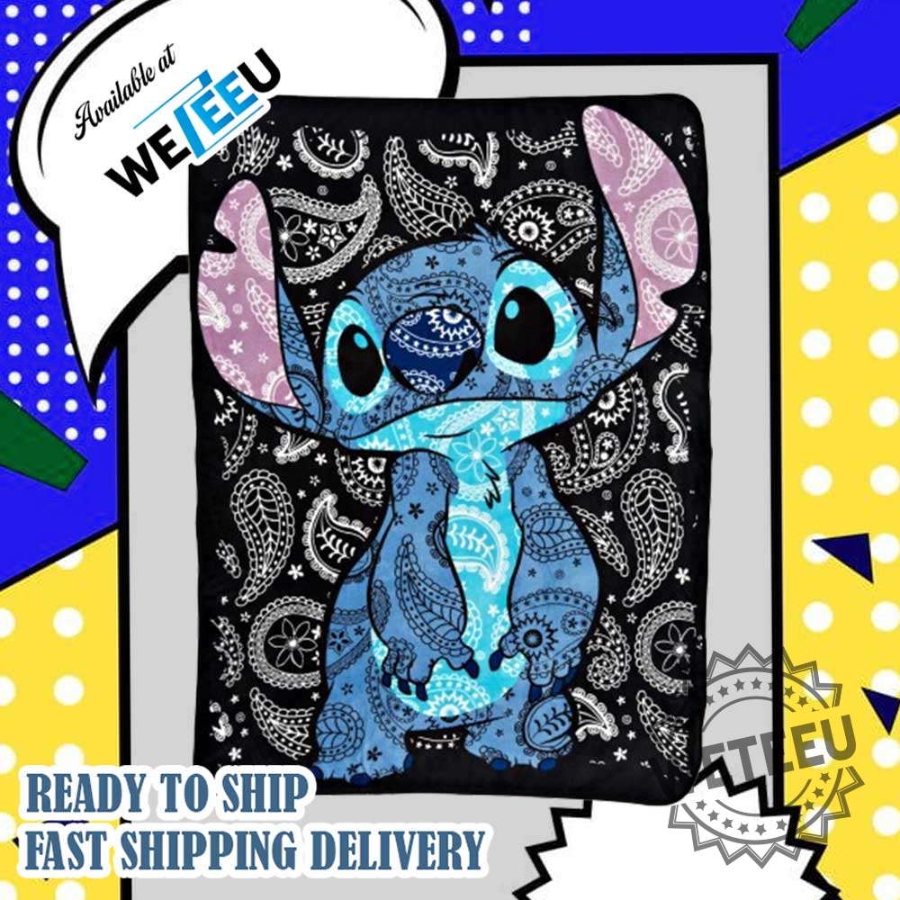 "Personalized Disney Stitch Blankets: Custom Throws for Fans and Couples" 13 Stitch Paisley Blanket Black Bandana Style Throw With Boho Cartoon Design
