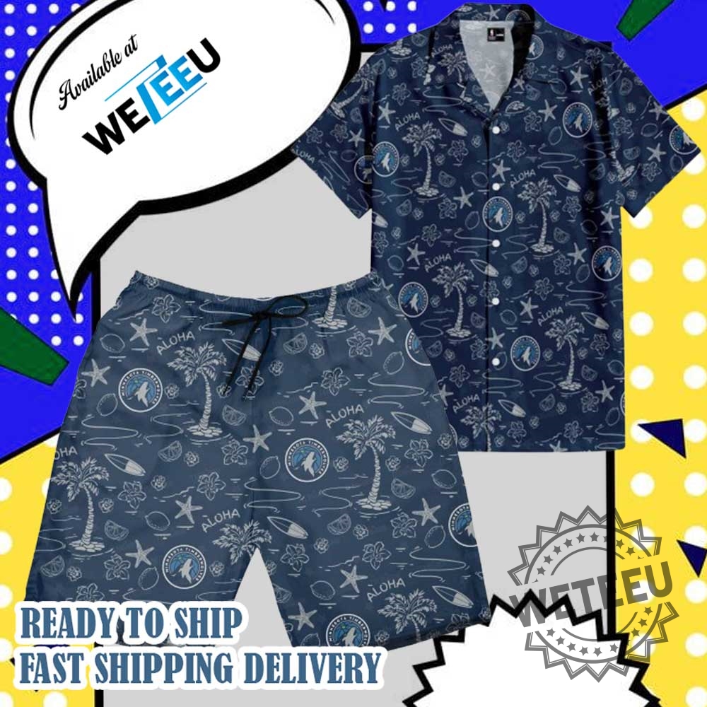 Minnesota Timberwolves Hawaiian Shirt Short  Navy Aloha Nba Buttonup For Basketball Fans