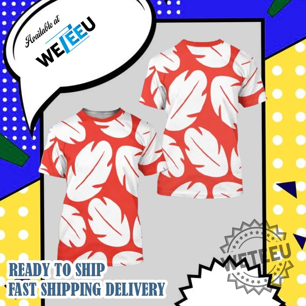 Lilo  Stitch Hawaiian Leaf Print Tshirt  Tropical Red  White All Over Tee