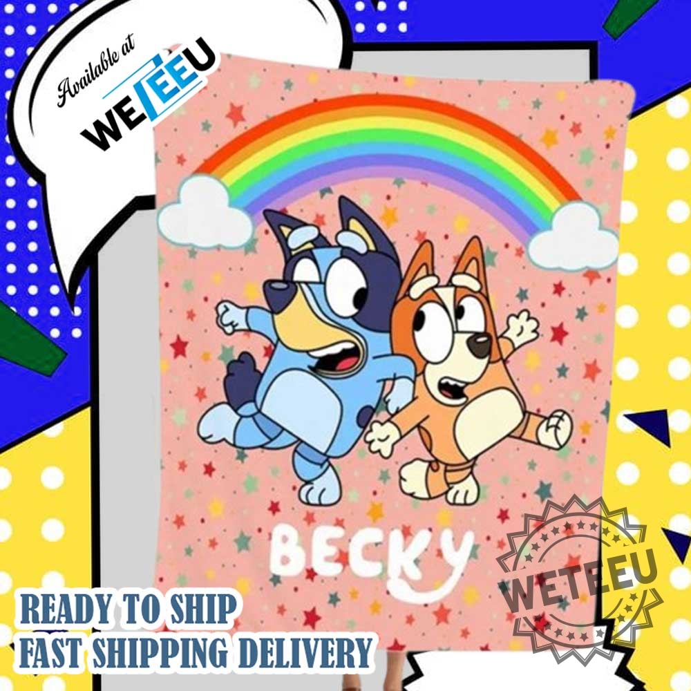 Bluey And Bingo Stars Rainbow Kids Custom Fleece Blanket