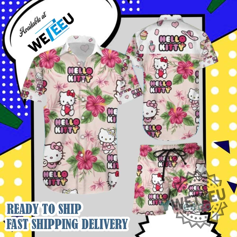Hello Kitty Flower Cute Gift Hawaiian Shirts And Short Summer Beach Set