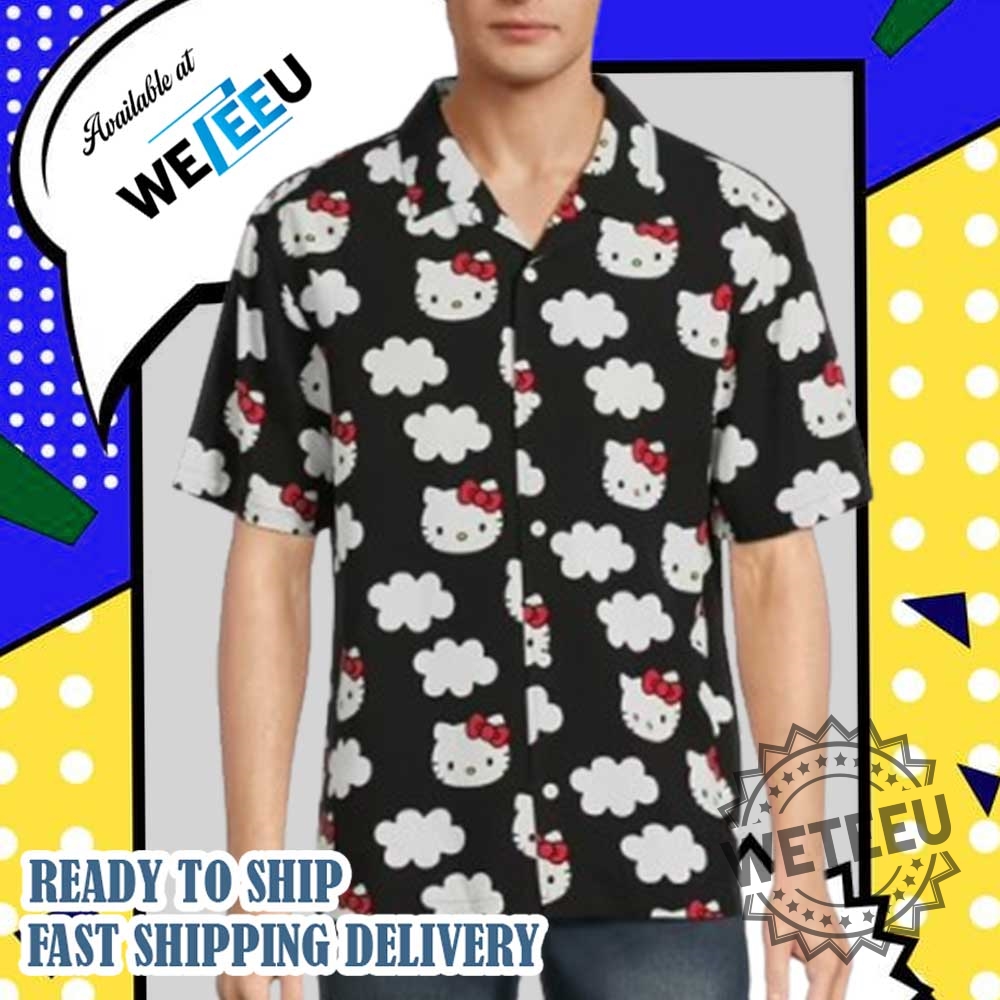 Cute Hello Kitty Cloud Print Black Hawaiian Shirt 4 Cute Hello Kitty Cloud Print Black Hawaiian Shirt