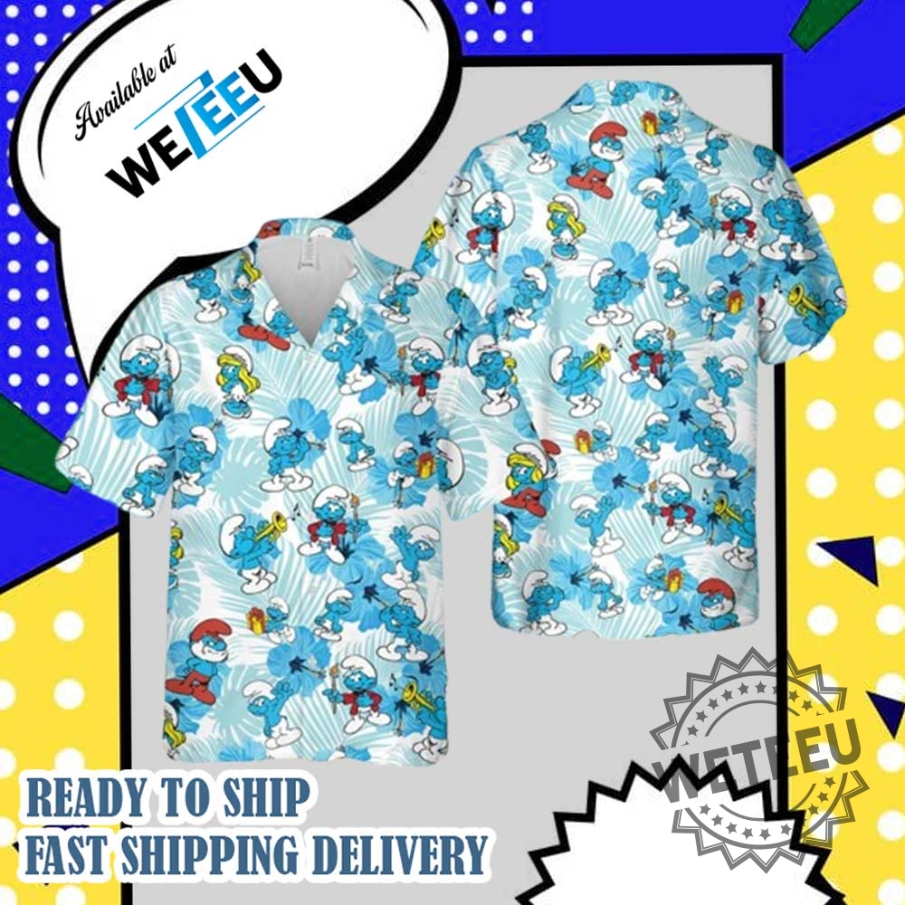 Smurfs Beach Hawaiian Shirt  Cute Cartoon Summer Buttonup For Men And Women