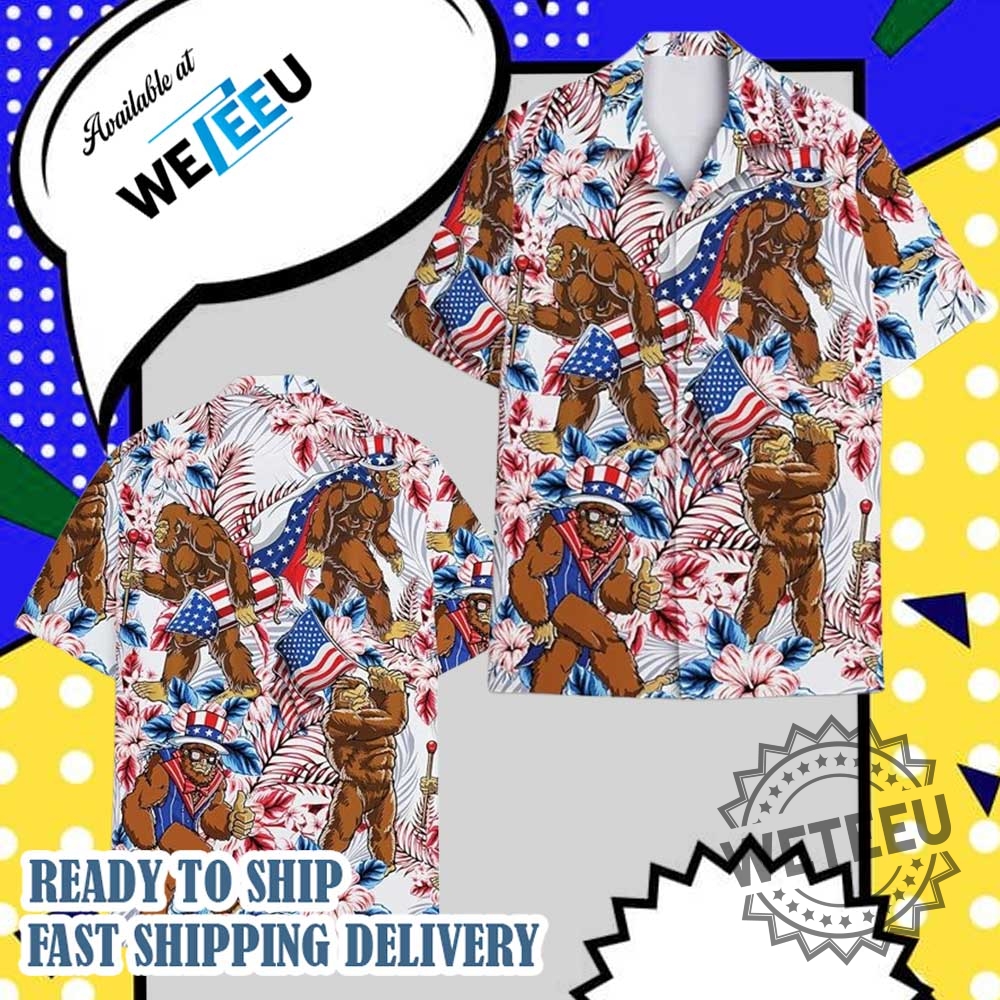 Patriotic-Bigfoot-Graphic-Hawaiian-Shirt-American-Flag-Floral-Print-Summer-Buttonup-Shirt-weteeu_1
