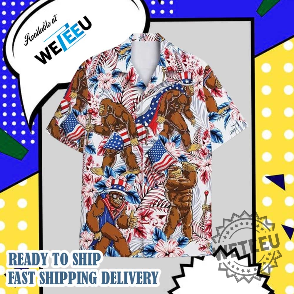 Patriotic Bigfoot Graphic Hawaiian Shirt American Flag Floral Print Summer Buttonup Shirt 4 Patriotic Bigfoot Graphic Hawaiian Shirt – American Flag & Floral Print Summer Button-Up Shirt