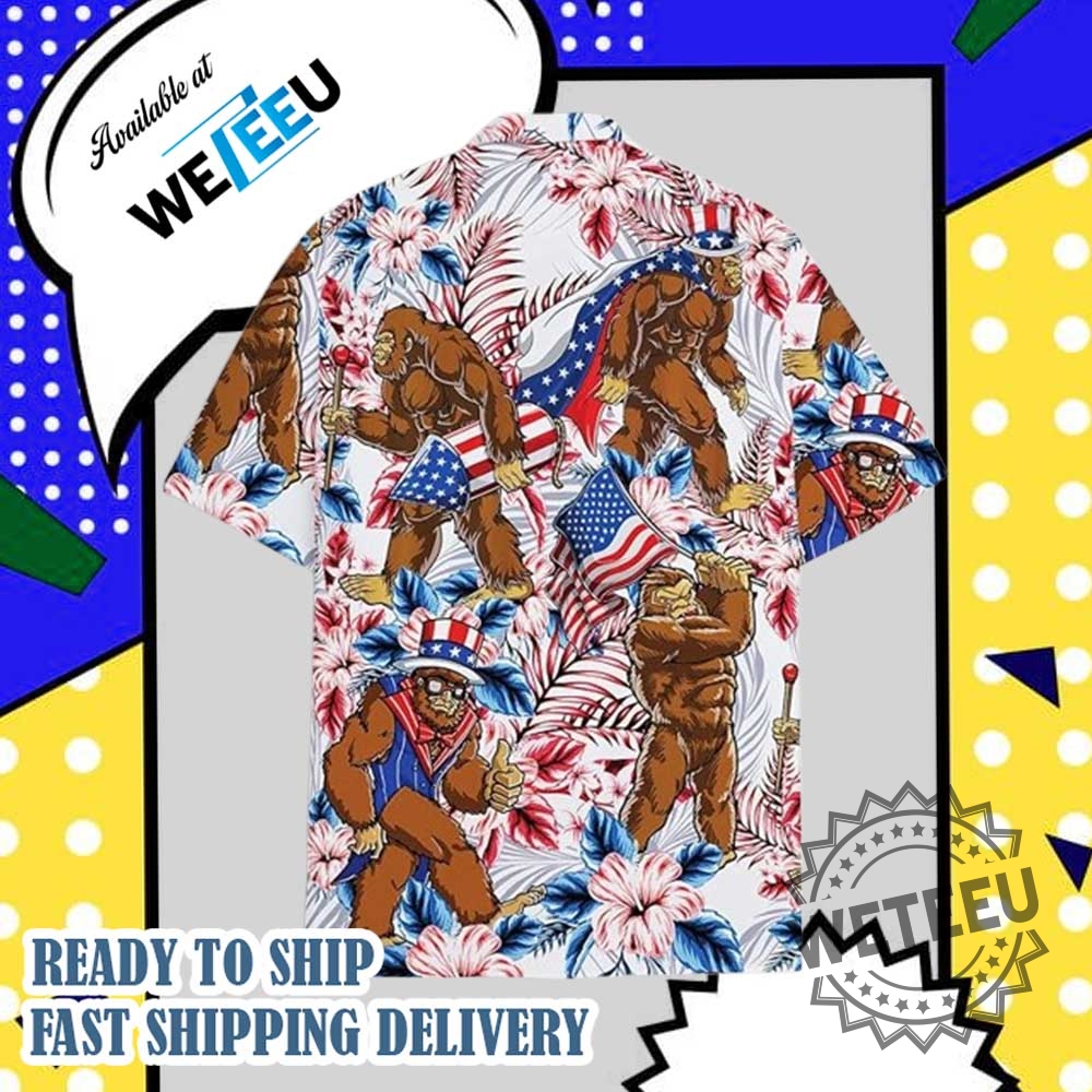 Patriotic Bigfoot Graphic Hawaiian Shirt American Flag Floral Print Summer Buttonup Shirt 5 Patriotic Bigfoot Graphic Hawaiian Shirt – American Flag & Floral Print Summer Button-Up Shirt