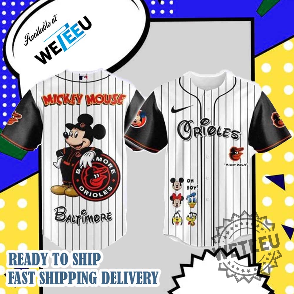 "Shop Fun Crossover Tees: Hello Kitty, Mickey, MLB, and More!" 17 Mlb Baltimore Orioles X Mickey Mouse And Friends Baseball Jersey