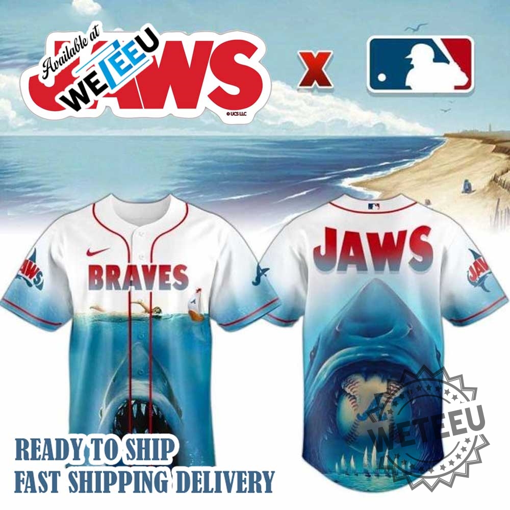 Atlanta Braves X Jaws 2025 Baseball Jersey 5 Atlanta Braves x Jaws 2025 Baseball Jersey