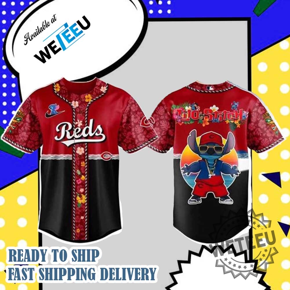 "Shop Lilo and Stitch MLB Floral Jerseys for All Teams" 6 Lilo And Stitch X Reds Mlb All Team Floral Jersey Reds