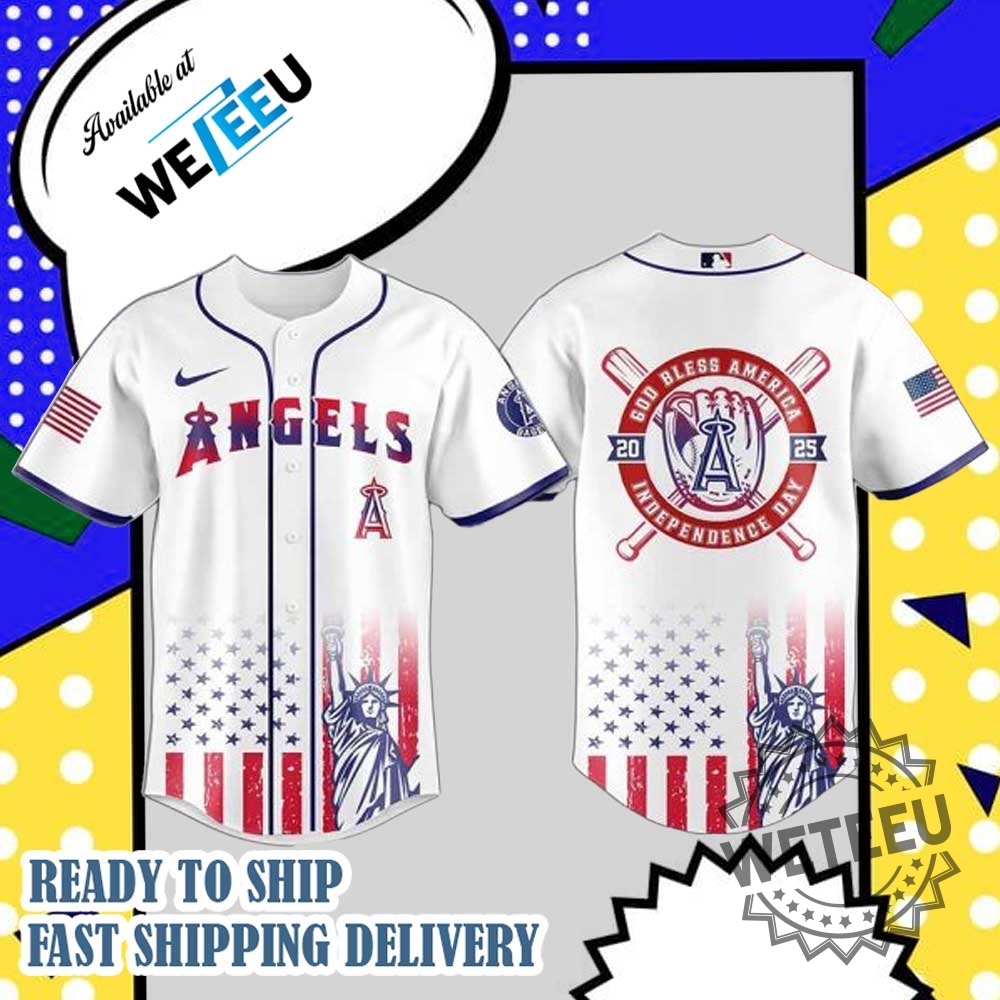 "Shop Lilo and Stitch MLB Floral Jerseys for All Teams" 18 Los Angeles Angels America Independence Day 2025 Baseball Jersey