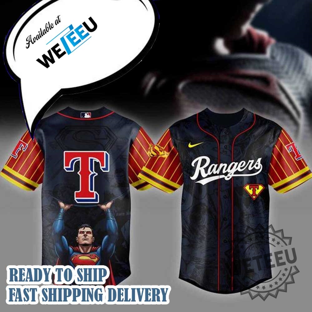 Texas Rangers Mlb X Superman Personalized Baseball Jersey 3 Texas Rangers MLB x Superman Personalized Baseball Jersey