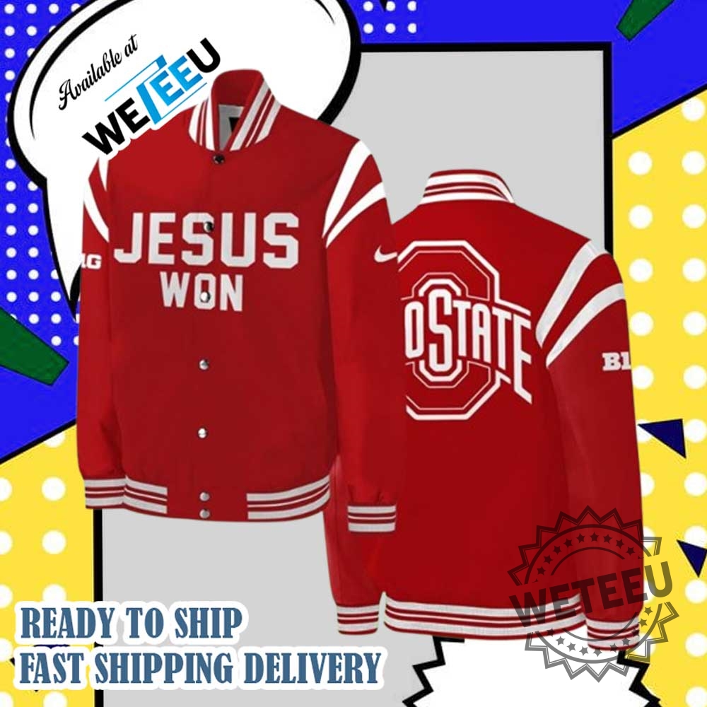 "Top Trending Fan Gear: Official Jackets for Music and Sports Fans" 5 Jesus Won Ohio State Football Red Bomber Jacket Christian Sports Fan Gear
