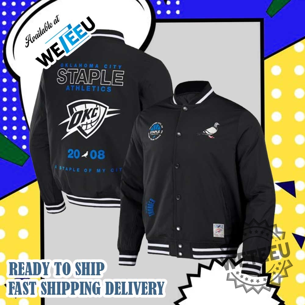 "Top Trending Fan Gear: Official Jackets for Music and Sports Fans" 19 Oklahoma City Thunder X Staple Black My City Fullsnap Varsity Jacket Custom Nba Gear