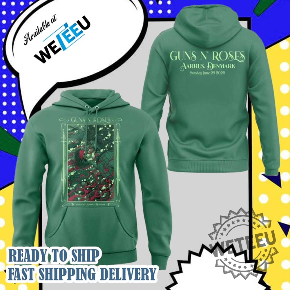 Guns N Roses World Tour Aarhus 2025 Green Hoodie Concert Apparel
