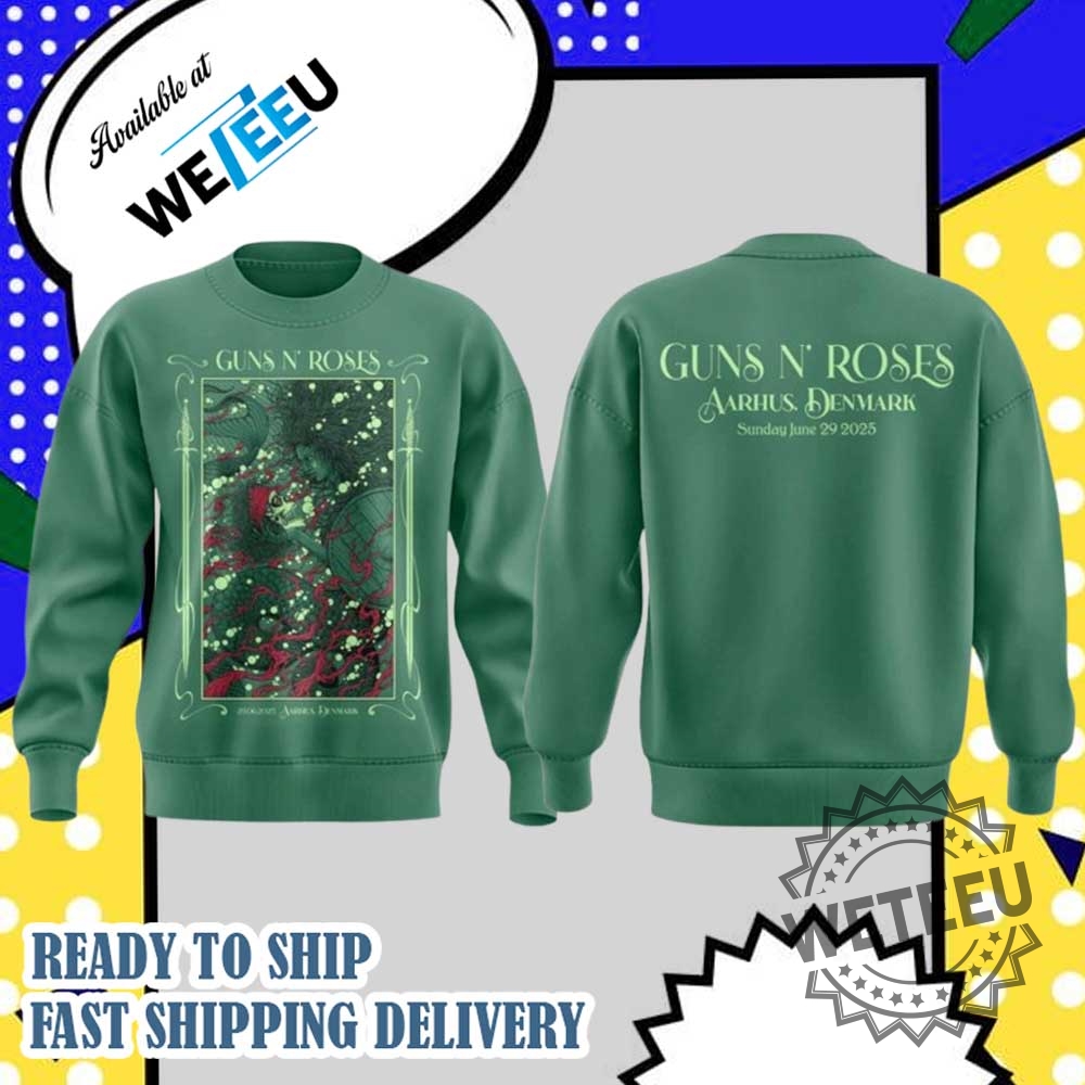 Guns N Roses World Tour Aarhus 2025 Green Hoodie Concert Apparel 7 Guns N