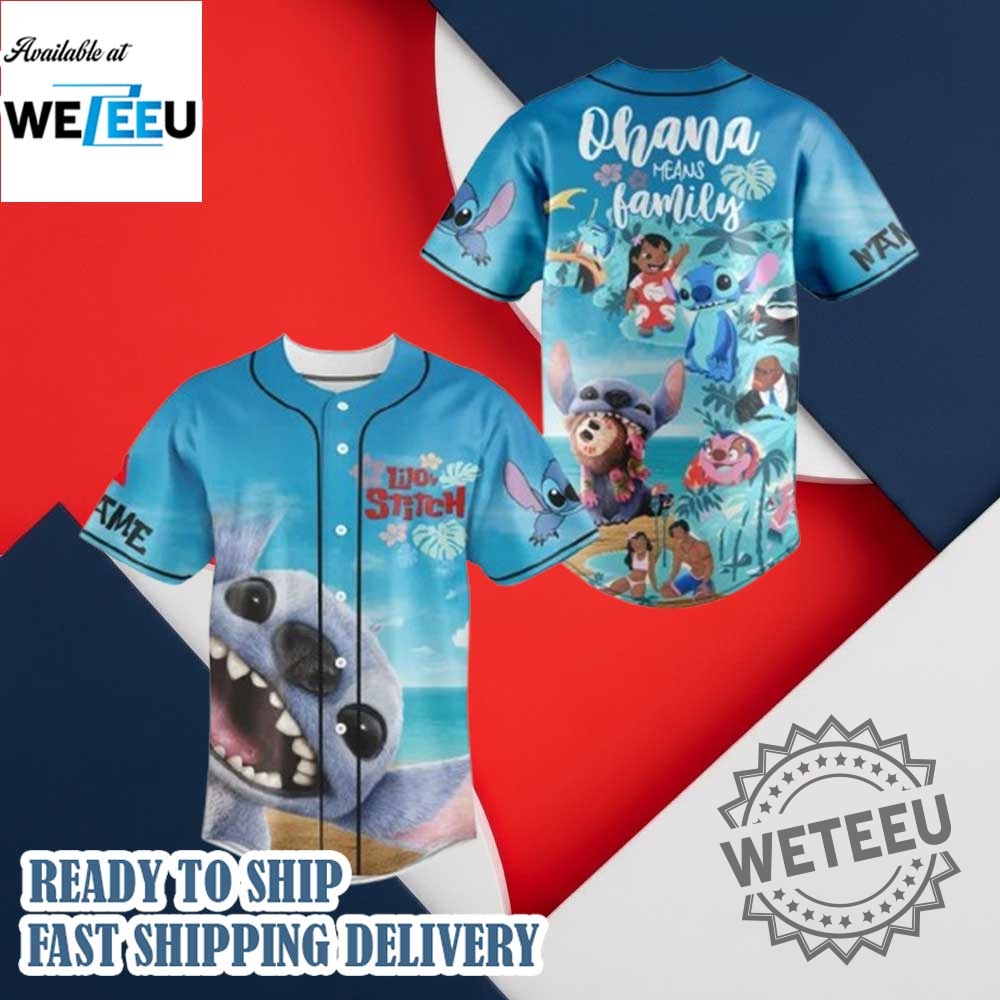 "Custom MLB Jerseys: Catzilla, Dragon Ball, and Post Malone Shirts" 15 Personalized Lilo Stitch Ohana Means Family Baseball Jersey