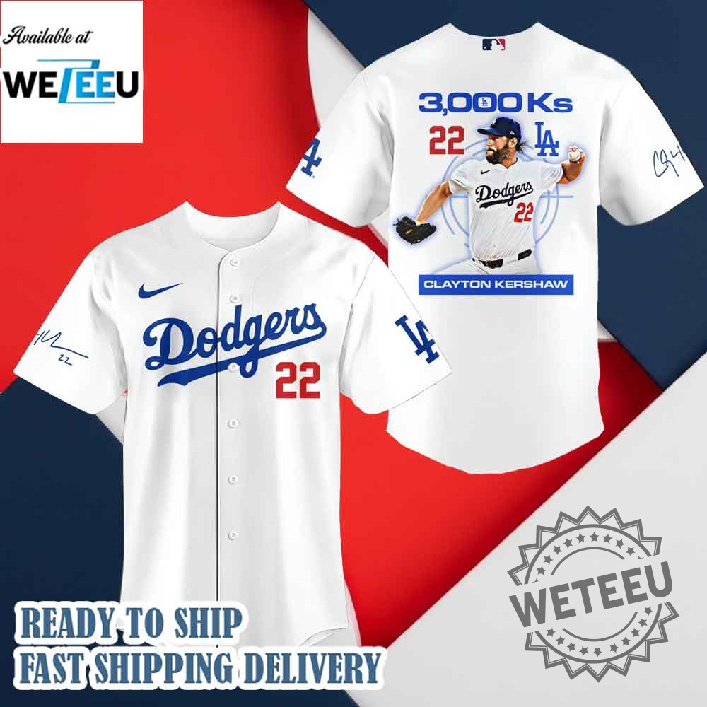 "Top Trendy Baseball Jackets and Jerseys: Alan Jackson to Spider-Man" 13 Los Angeles Dodgers X Clayton Kershaw 3000 Strikeouts Baseball Jersey