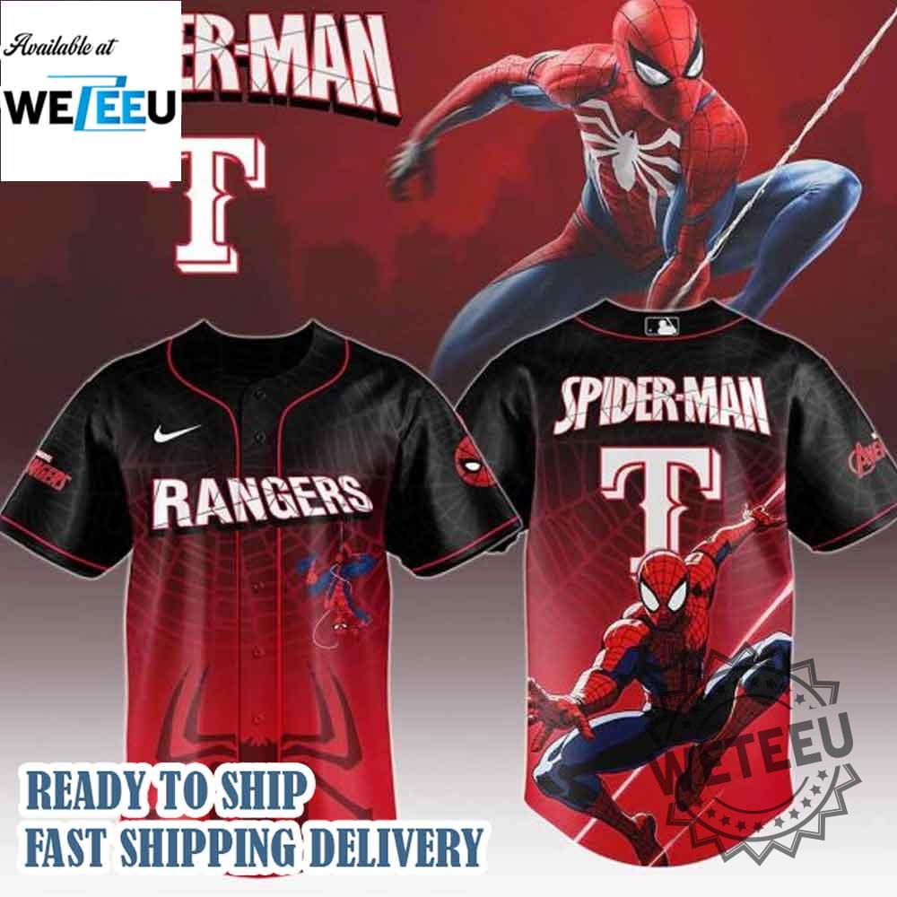 Texas Rangers Mlb X Spider Man Game Night Baseball Jersey 3 Texas Rangers MLB x Spider Man Game Night Baseball Jersey