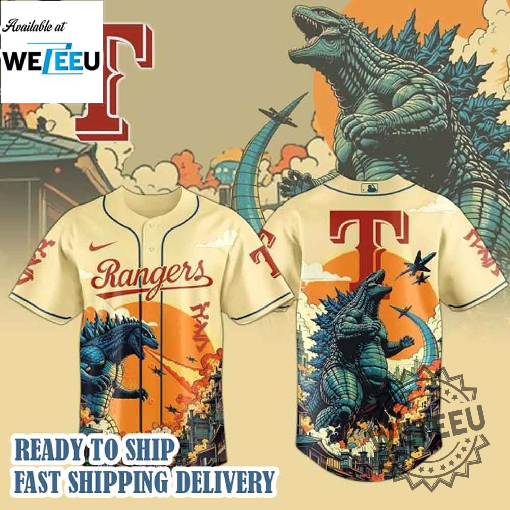 Texas Rangers Mlb Godzilla 2025 Baseball Jersey 3 Texas Rangers MLB Godzilla 2025 Baseball Jersey