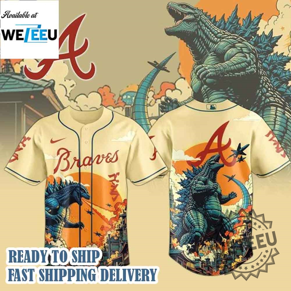 Atlanta Braves Mlb X Godzilla Custom New Baseball Jersey 3 Atlanta Braves MLB X Godzilla Custom New Baseball Jersey