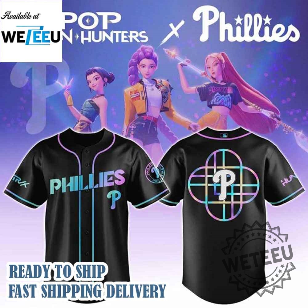 "Shop MLB X Kpop and Zombie Land Team Logo Baseball Jerseys" 3 Philadelphia Phillies Mlb X Kpop Demon Hunters Logo Baseball Jersey